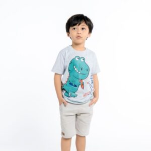 Adorable child posing in a dinosaur graphic T-shirt against a white background.